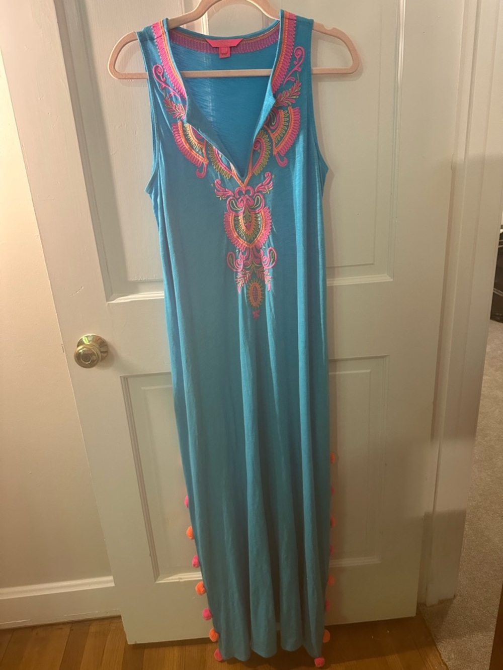 Lilly Pulitzer Turquoise Maxi Dress with Pink & Orange Embroidery